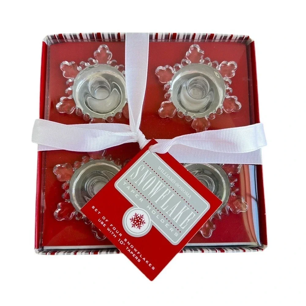 Williams Sonoma Crystal Snowflake Taper Candle Holders Set of 4 NEW